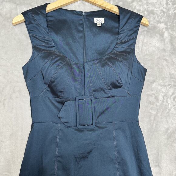 Cache Dress Womens 4 Navy Blue Sleeveless Belted Fitted Sheath Cocktail Party - Picture 3 of 14